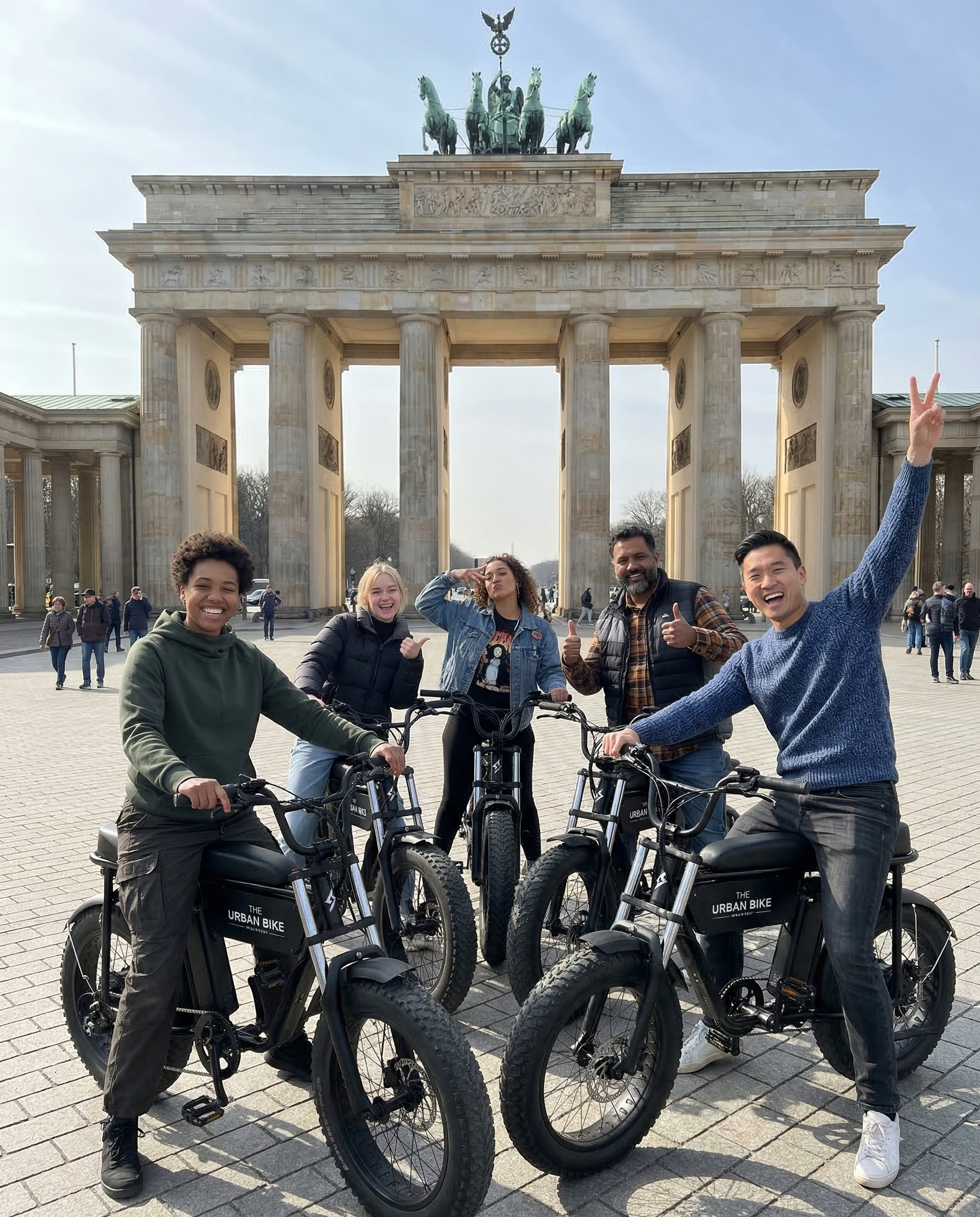 5 Personne sitzen auf ihren E-cruisern und stehen vor dem Brandenburger Tor.