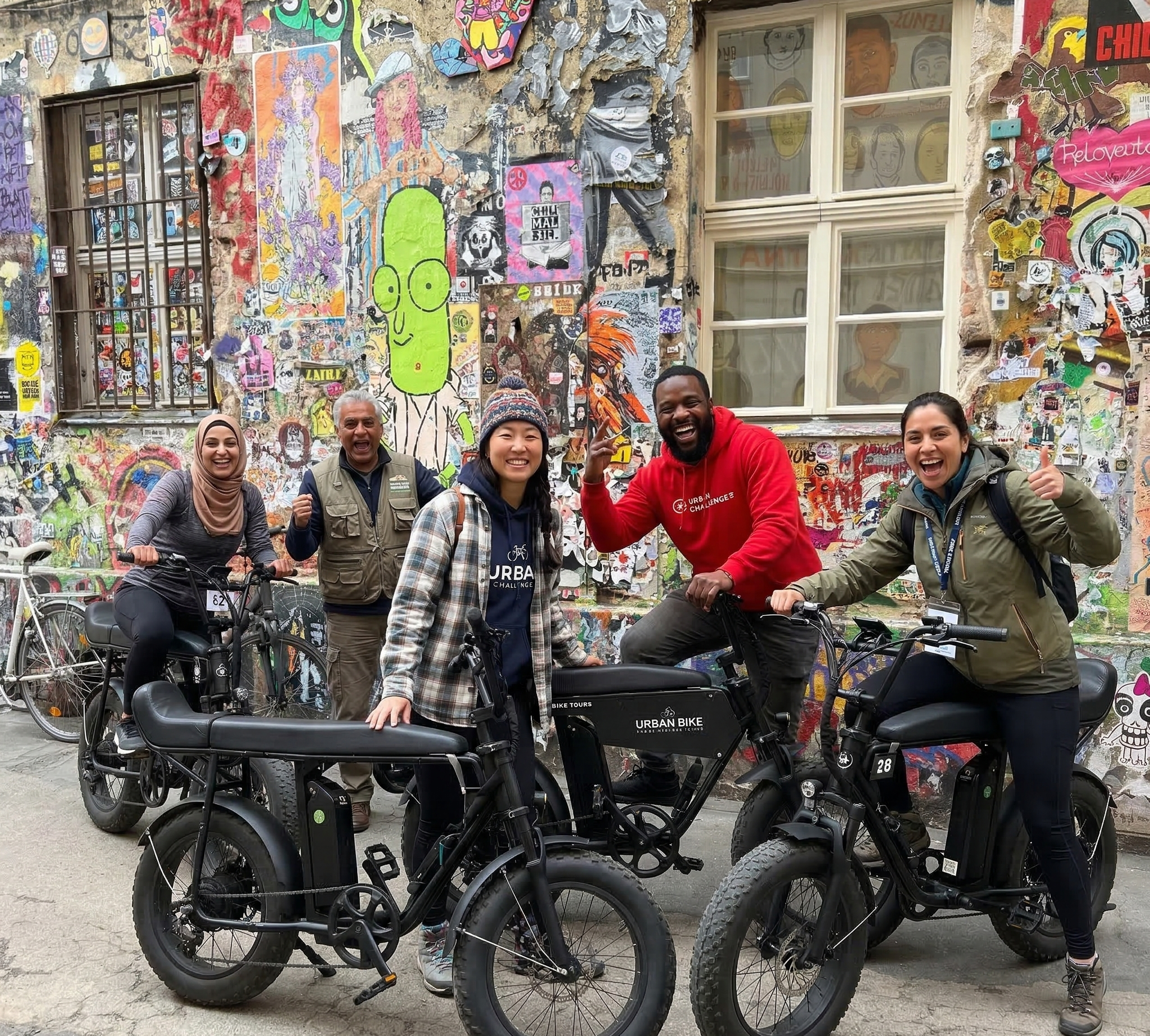 % Personen mit E-cruisern stehen vor einer Wand mit Graffitis im Hof Haus Schwarzenberg
