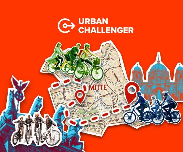 Fotocollage mit Logo von Urban Challenger, E-Bikes und einer Stück Karte von Berlin.